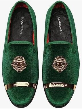 Elanroman Men's Green Velvet Slip-On Loafers with Gold Crest